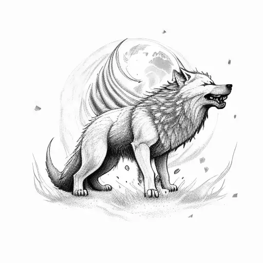 fenrir howling in front of the world tree tattoo design idea