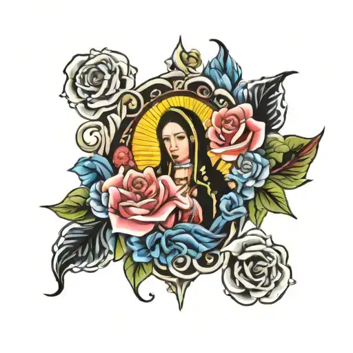 virgen de Guadalupe Mexican with roses tattoo design idea