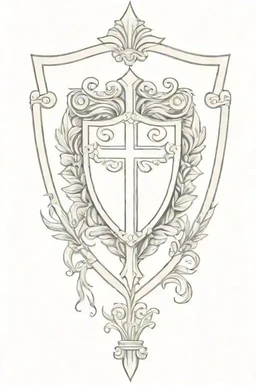 a shield in the middle of a laurel arch in the center of the shield the design of a lyre and a cross feather on the outside above tattoo design idea