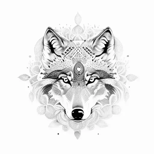 A dotwork illustration of a wolf in a mandala surrounded by feathers tattoo design idea