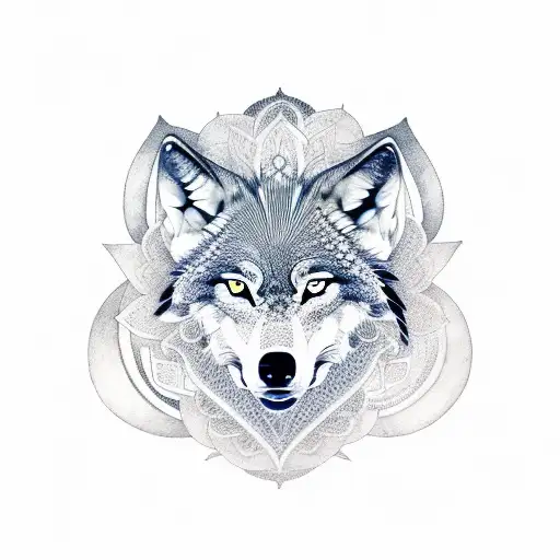 A dotwork illustration of a wolf in a mandala surrounded by feathers tattoo design idea