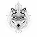 A dotwork illustration of a wolf in a mandala surrounded by feathers tattoo design idea