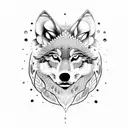 A dotwork illustration of a wolf in a mandala surrounded by feathers tattoo design idea