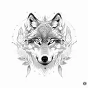 A dotwork illustration of a wolf in a mandala surrounded by feathers tattoo design idea