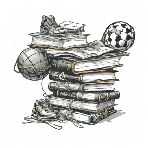 A stack of books with sports equipment scattered around them, symbolizing the balance between mental and physical health tattoo design idea