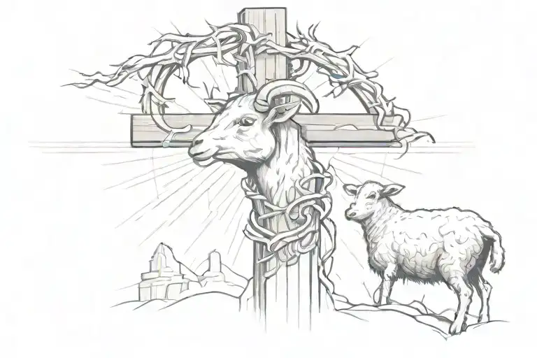 lamb looking at a cross with sunlight coming from the cross, with a crown of thorns around the cross tattoo design idea