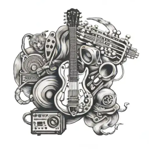 A sleeve tattoo featuring various musical instruments with each one morphing into a different animal tattoo design idea