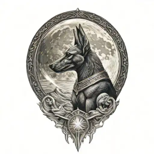 anubis in front of super moon surrounded by stars tattoo design idea