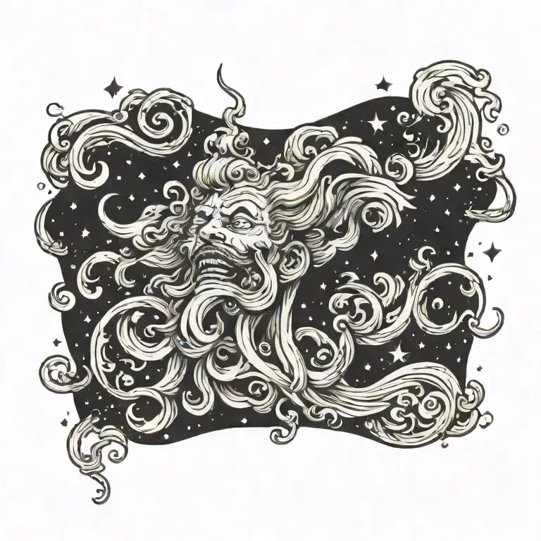 the Venti god of air blowing a galaxy out of mouth, lips puckered tattoo design idea