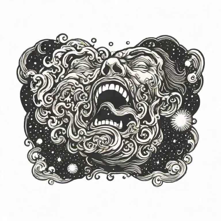god of air blowing a galaxy out of mouth, lips puckered tattoo design idea
