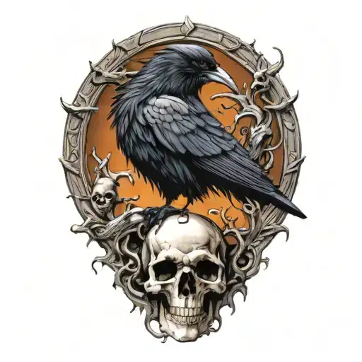 raven perched on a skull tattoo design idea