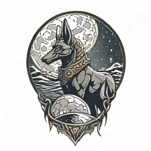 anubis facing forward in front of super moon surrounded by stars tattoo design idea