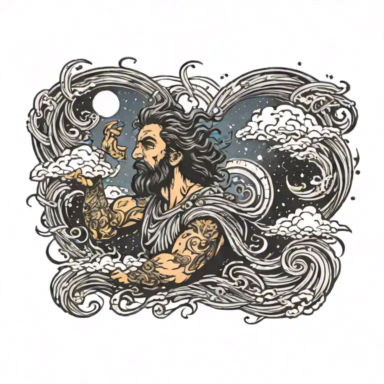 god of wind blowing a galaxy filled sky tattoo design idea