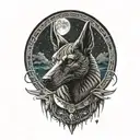 anubis facing forward in front of super moon surrounded by stars tattoo design idea