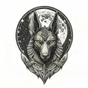 anubis facing forward in front of super moon surrounded by stars tattoo design idea