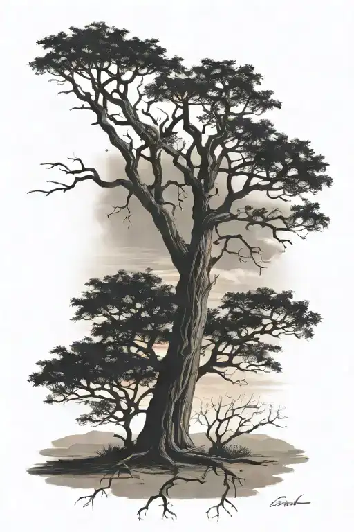 Boab tree sillouette against beach sunset sky tattoo design idea