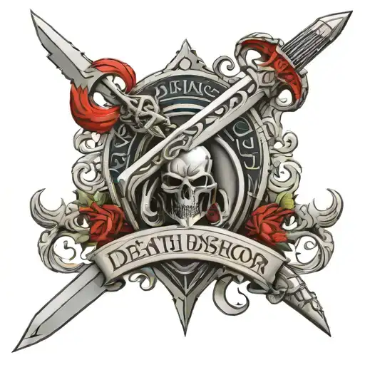 family crest, 2 klingon curved batleth sword, and ceremonial dagger, phrase "death before dishonor" in klingon alphabet tattoo design idea