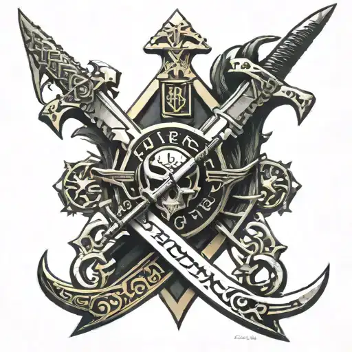 family crest, 2 klingon curved batleth sword, and ceremonial dagger, phrase "death before dishonor" in klingon alphabet tattoo design idea