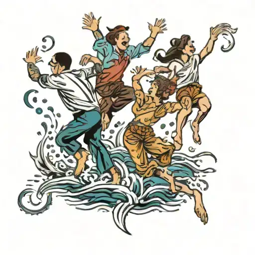 four people leaping in a lake tattoo design idea