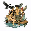 four people sitting at a lake tattoo design idea