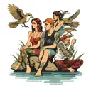 four people sitting at a lake tattoo design idea