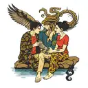 four people sitting at a lake tattoo design idea