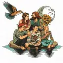 four people sitting at a lake tattoo design idea