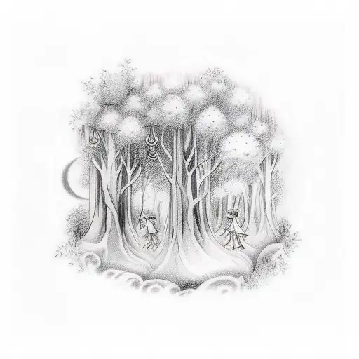 A mystical tattoo design depicting a magical forest with enchanting fairies dancing among the trees. tattoo design idea