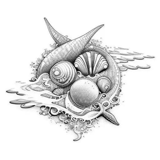 A captivating tattoo design featuring a serene beach scene with crashing waves and seashells scattered along the shore. tattoo design idea