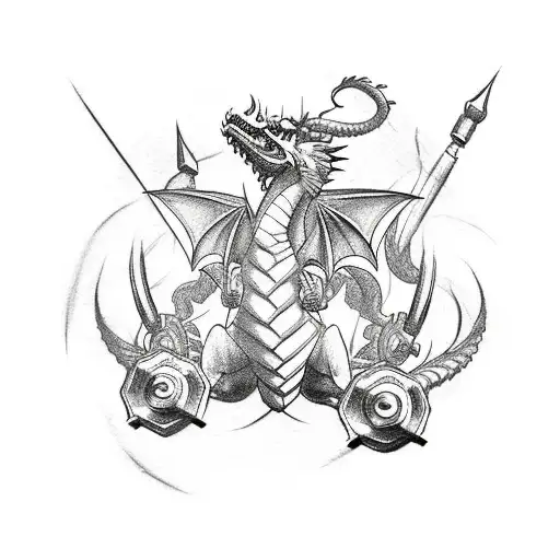A minimalist tattoo of a dragon composed of gym equipment like dumbbells and weights tattoo design idea