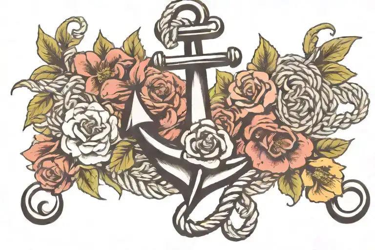 sailor anchor surrounded by flowers and ropes  tattoo design idea