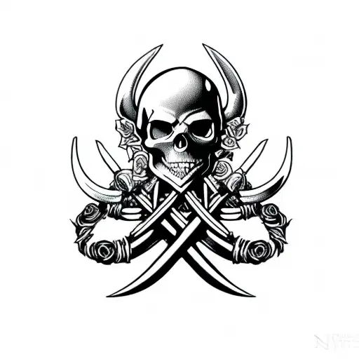 viking style skull and crossbones with horns, roses, and scythes tattoo design idea