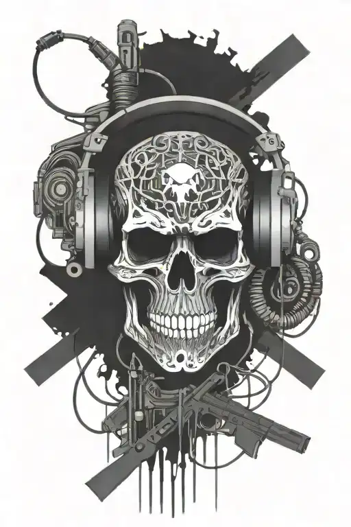 cybernetic circuit skull wearing headphones with rifles crossbones military tattoo  tattoo design idea