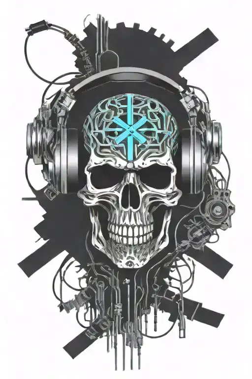 cybernetic circuit skull wearing headphones with rifles crossbones military tattoo  tattoo design idea