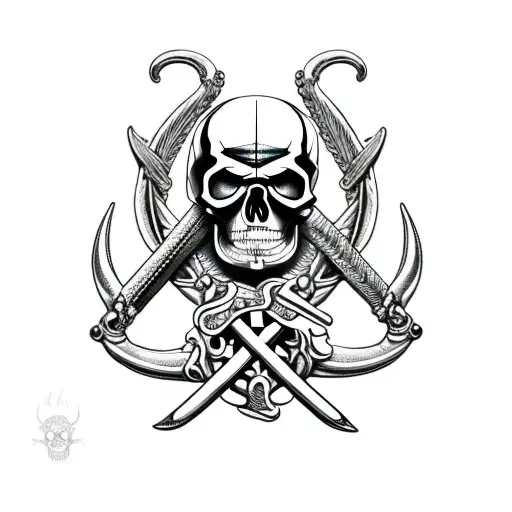 skull and crossbones with scythes and horns tattoo design idea