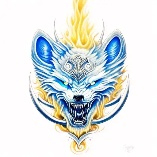 fenrir rising in a raging blue flame with pointed ears,agressive hair and sharp fangs tattoo design idea