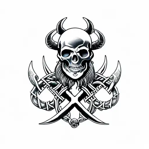viking style skull and crossbones with horns, roses, and scythes tattoo design idea