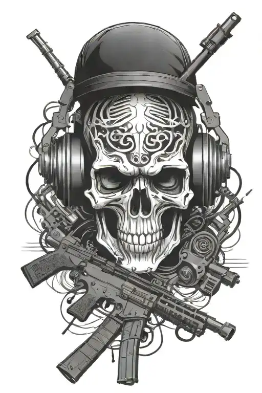 cybernetic skull wearing headphones with two rifles in x military tattoo  tattoo design idea