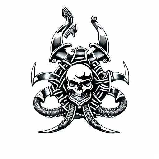 viking style skull and crossbones with blades, horns, roses, and scythes tattoo design idea