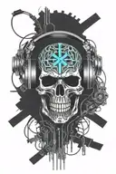 cybernetic circuit skull wearing headphones with rifles crossbones military tattoo  tattoo design idea