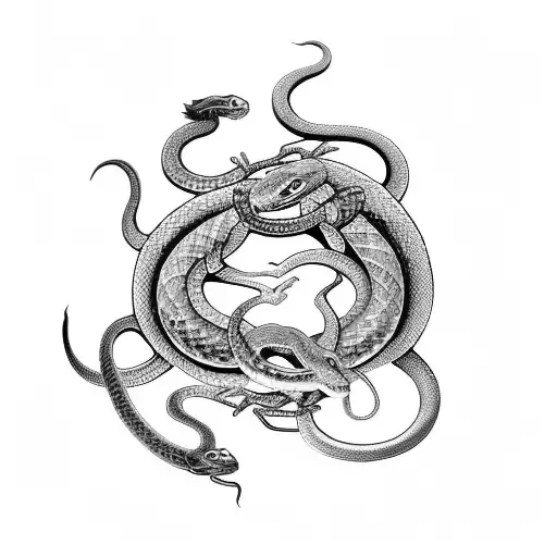 A snake and rat intertwined in a yin-yang symbol, surrounded by holiday symbols tattoo design idea