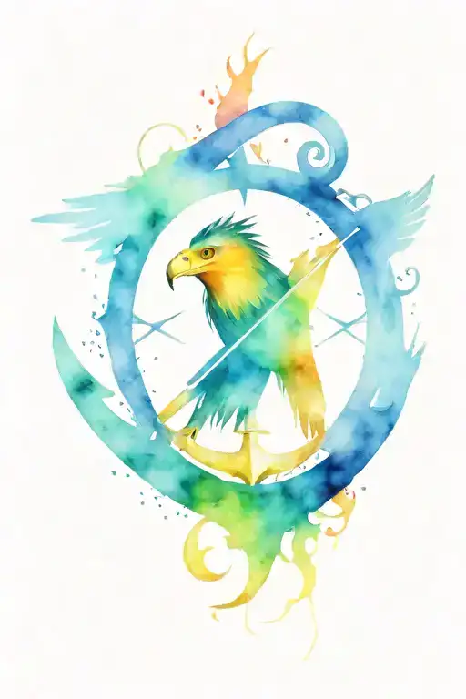 Eagle, compass and anchor with rainbow colors tattoo design idea