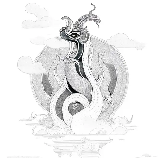 A serene Thai style naga emerging from a swirling cloud of black ink tattoo design idea