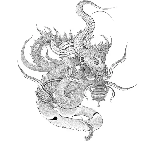 A majestic Thai style naga intertwined with a stack of ancient Thai books tattoo design idea