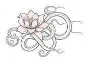 A delicate pink flower blooming from an octopus tentacle, symbolizing strength and beauty in overcoming breast cancer tattoo design idea