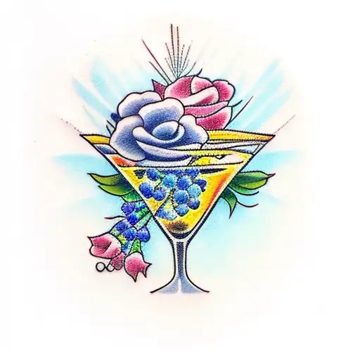 A bouquet of flowers in a martini glass tattoo design idea