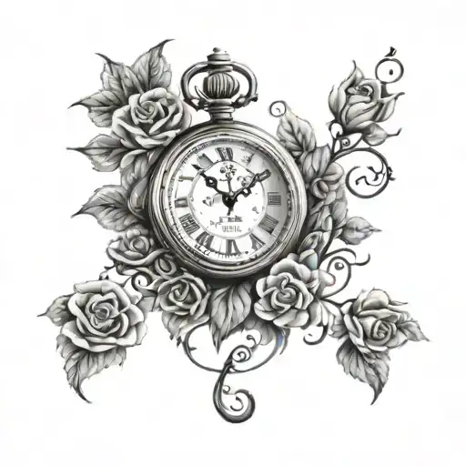A realistic pocket watch surrounded by intricate rose vines, with a hidden music note incorporated into the design tattoo design idea