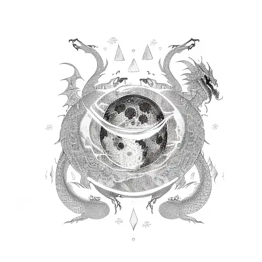 lunar phases with dragons flying around them tattoo design idea