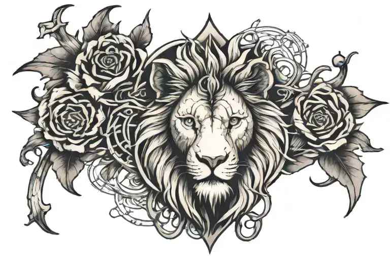 christian cross with thorns and a lions head profile holding tattoo design idea