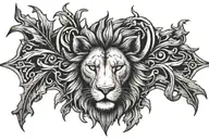 christian cross with thorns and a lions head profile holding tattoo design idea